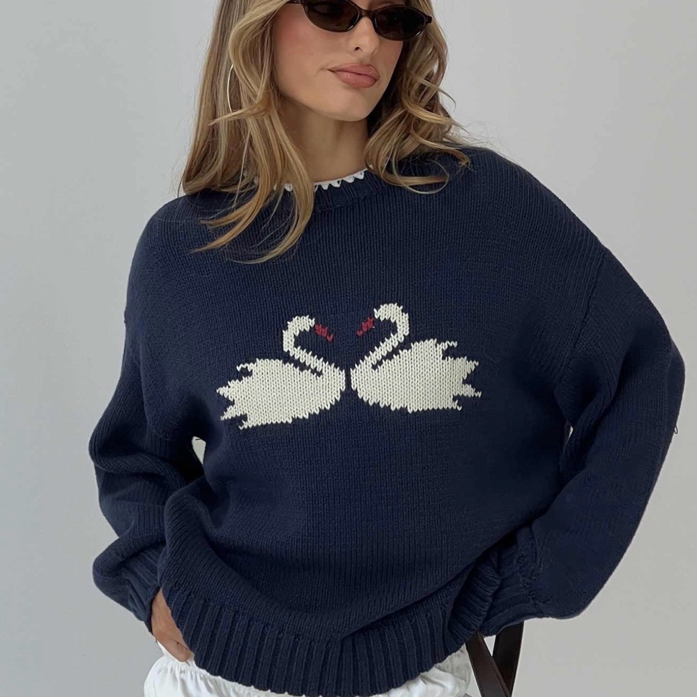 Navy Swan Knit Sweater - Classic Pullover